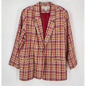 Adolfo Studio Sz 22W Red Plaid Blazer Linen Blend One Button Closure w/Pockets
